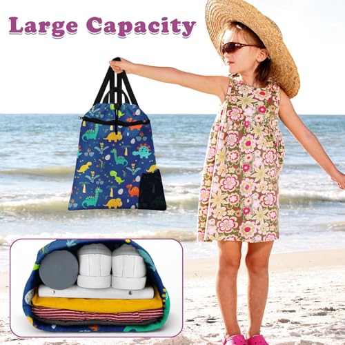 Blue Dinosaur Drawstring Backpack, 15” x 17” Waterproof Swim Bag for Beach Swimming Pool, Lightweight Foldable Gym Bag with Water Bottle Holder for Sports Travel - color: Blue Dinosaur