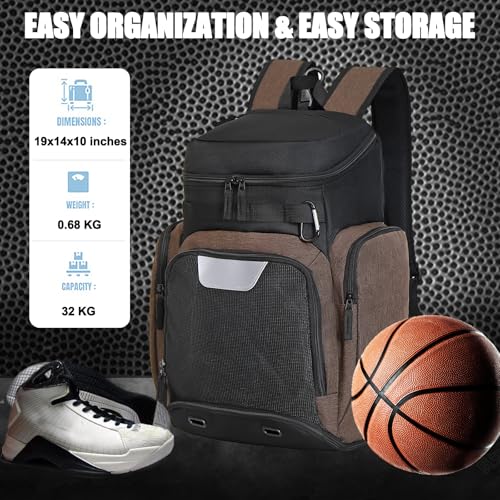 LARIPOP Basketball Backpack with Ball & Ventilated Shoe Compartment Insulated Pockets for Men Training - color: brown