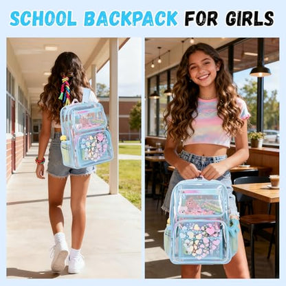 MOONBABY Clear Backpack for School Girls, Heavy Duty TPU Transparent Backpack Stadium Events Approved, Clear Bookbag - color: Blue