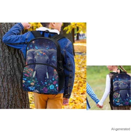 Aesthetic Elephant Backpack for Girls Kids Backpack with Lunch Box Water Bottle Carrier and Pencil Holder Pouch 4Pcs Set 17" Bookbag with Large Front Pocket Lightweight Elementary School Bag - color: Aesthetic Elephant