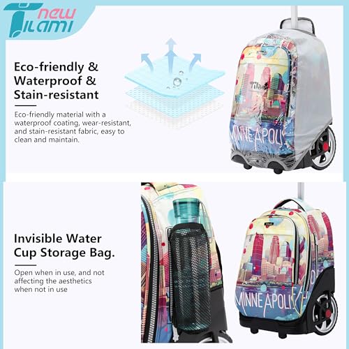 NEW TILAMI 19 inch Rolling Backpack Teens Rolling Backpack Cute Wheeled Laptop Backpack Bookbag Roller Travel Bag College, City (No USB interface) - color: Yellow City