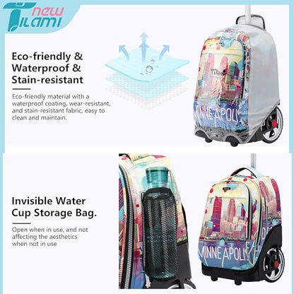 NEW TILAMI 19 inch Rolling Backpack Teens Rolling Backpack Cute Wheeled Laptop Backpack Bookbag Roller Travel Bag College, City (No USB interface) - color: Yellow City