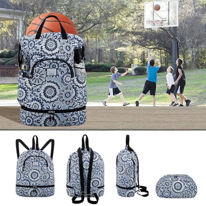 Kamo Drawstring Backpack Bag - Sport Swimming Yoga Backpack with Shoe Compartment, Two Water Bottle Holder for Men Women Large String Backpack Athletic Sackpack for Travel - color: Blue Circle Flower