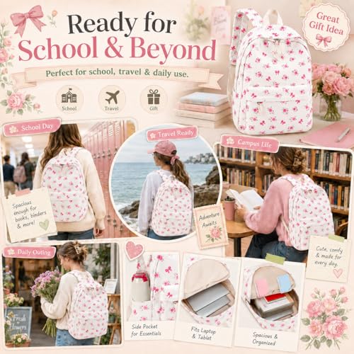 LEDAOU School Backpack for Teen Girls Elementary Middle School Bookbag Kids Backpacks Women Laptop Backpack Travel Daypack (Flower Bow - Beige) - color: Flower Bow - Beige