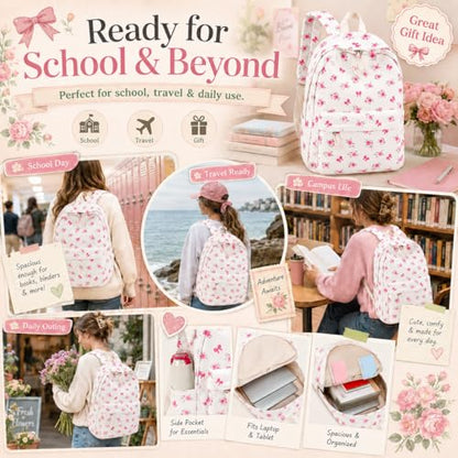 LEDAOU School Backpack for Teen Girls Elementary Middle School Bookbag Kids Backpacks Women Laptop Backpack Travel Daypack (Flower Bow - Beige) - color: Flower Bow - Beige