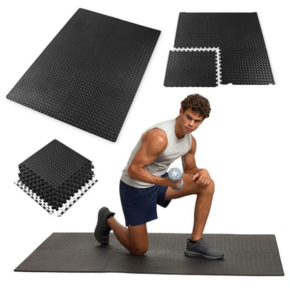 Champion Interlocking Foam Floor Tiles, 12mm Thick EVA Foam Exercise Mat Set with 6 Interlocking Mats & 10 Border Pieces, Non-Slip Cushioned Flooring for Home Workout, Yoga, Stretching, and Pilates