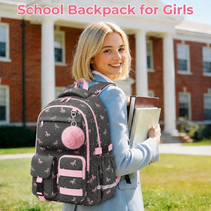 WOBAGMEN Cute Pink Bow Backpack for Teen Girls, Large Capacity Multi-Pocket School Bag Fits 15.6" Laptop, Lightweight Durable Daypack for School and Travel (Pink Bow Polka Dot, M) - color: Pink Bow Polka Dot
