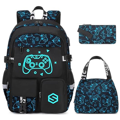 Scothen Boys Backpack, Cool Luminous School Backpacks for Boys with Lunch Bag Pencil Case, Kids Backpack Kindergarten Elementary Middle School Book Bags for Teen Boy Children with USB Charging Port - color: Blue Pattern