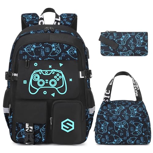 Scothen Boys Backpack, Cool Luminous School Backpacks for Boys with Lunch Bag Pencil Case, Kids Backpack Kindergarten Elementary Middle School Book Bags for Teen Boy Children with USB Charging Port - color: Blue Pattern