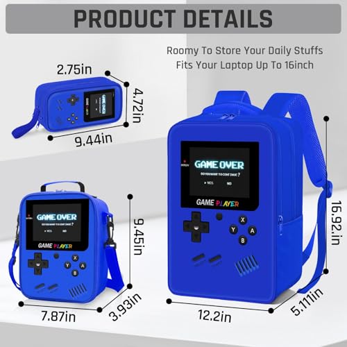 School Backpack for Boys,3pcs Gamer Boys Backpack with Lunch Box Set for Kids Children Teens Elementary Middle School,17" Large Capacity Student Bookbag & Multifunctional Video Game Travel Bag - color: Blue-backpack Set