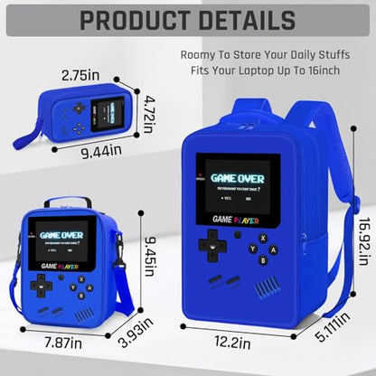 School Backpack for Boys,3pcs Gamer Boys Backpack with Lunch Box Set for Kids Children Teens Elementary Middle School,17" Large Capacity Student Bookbag & Multifunctional Video Game Travel Bag - color: Blue-backpack Set