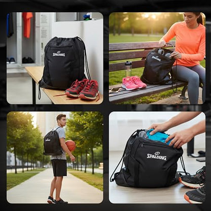 Spalding Drawstring Backpack Sports Bag | Black Waterproof Gym Bag | Cinch Sack with Separate Shoe and Ball Holder| for Travel, Basketball, Sports, 2 Pack - style: Backpack