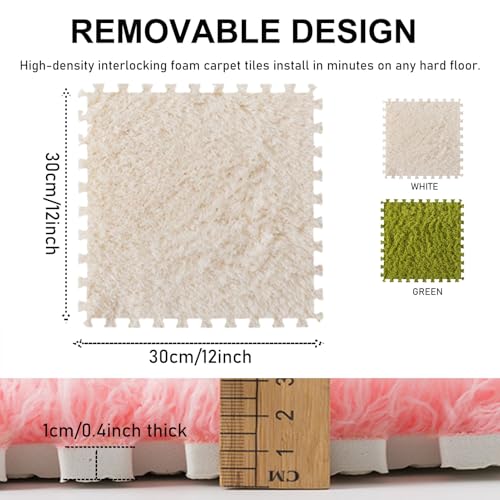 Thickened Plush Foam Interlocking Floor Carpet Mat, 24 Piece 12x12in Fluffy Square Puzzle Foam Carpet Tiles with Edgings, Soft Anti-Slip Shaggy Area Rug Playmat (Green+White) - color: Green+white