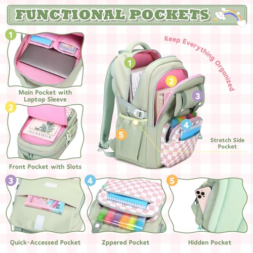 MUSEVOS Girls Backpack with Lunch Bag, Kindergarten Elementary Middle School Backpack, Multiple Compartments Large Capacity Kids Bookbag 3 Pcs Set (Green) - color: Green-3pcs Set
