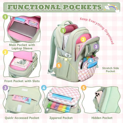 MUSEVOS Girls Backpack with Lunch Bag, Kindergarten Elementary Middle School Backpack, Multiple Compartments Large Capacity Kids Bookbag 3 Pcs Set (Green) - color: Green-3pcs Set