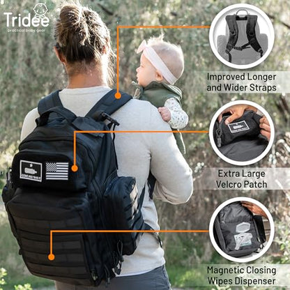 Dad Diaper Bag - Molle-Style Military Diaper Backpack Made of Rugged 900D Waterproof Polyester with Wider Extra-Long Straps, Pouch for Dirty Diapers, Baby Wipes Dispenser & Insulated Bottle Pockets - color: Black