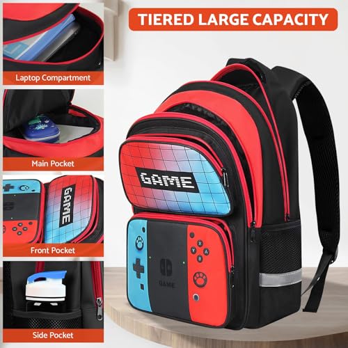 TILYTADLY School Backpack for Boys - HFHTDC Gamer Boys Backpack for Kids Children Teens Elementary Middle School - Students Bookbag Ages 6-18,17″ Video Game Bookbag Travel Back Pack - color: Red&blue-only Backpack