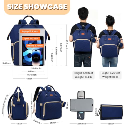 ROSEGIN Diaper Bag Backpack with Changing Pad, Pacifier Case, Baby Bag for Boy Girl Toddler - Large, Stylish, Waterproof Travel Quilted Diaper Bag for Mom - Baby Shower - Navy Blue - color: Navy Blue