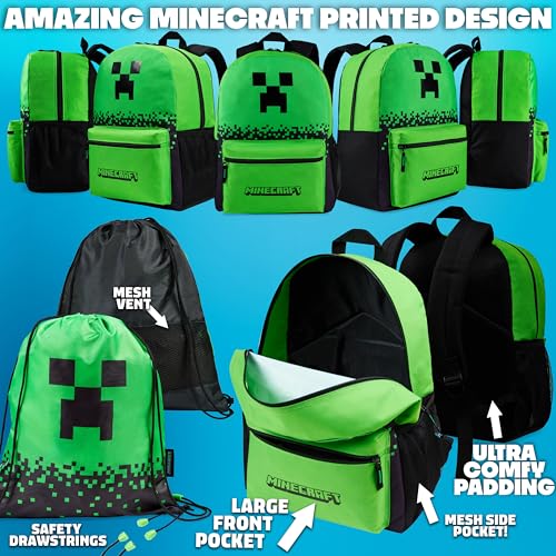 Minecraft Boys Backpack 5 Pc Gift Set with Creeper School Bookbag, Lunch Bag, Pencil Case, Water Bottle and Travel Daypack (Green) - color: Green