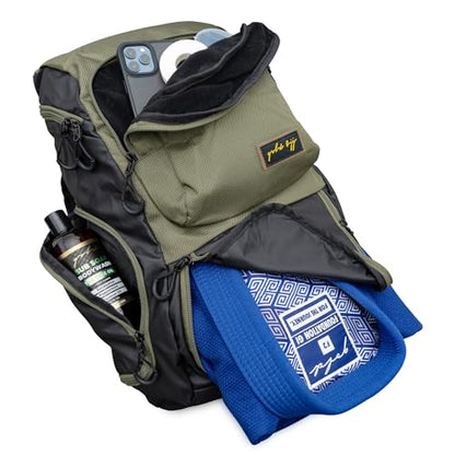Gold BJJ Jiu Jitsu Backpack - Heavy Duty Gym Bag with Waterproof Gi Pocket - color: Olive