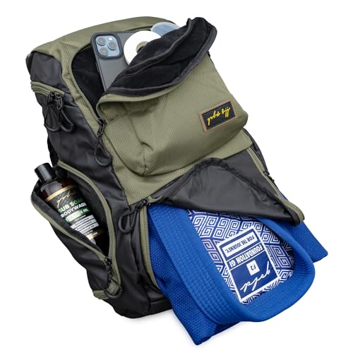 Gold BJJ Jiu Jitsu Backpack - Heavy Duty Gym Bag with Waterproof Gi Pocket - color: Olive