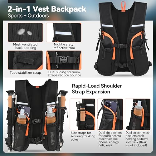 MARCHWAY Lightweight Hydration Backpack with Vest Style Straps & 2.5L TPU Water Bladder, Versatile Sleek Multi-Pocket Pack for Hiking, Cycling, Running, Backpacking, Travel - color: Black