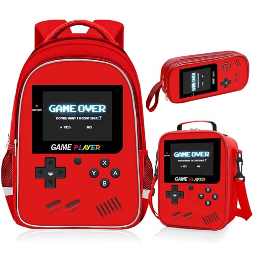 TILYTADLY School Backpack For Boys - Gamer Boys Backpack For Kids Children Teens Elementary Middle School - Ages 6-18，17″ - color: 3-red-set1