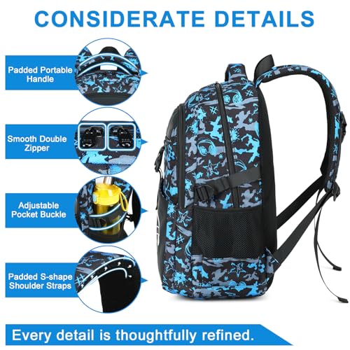 Bluboon Boys School Backpack, Lightweight Kids Bookbag for Elementary and Middle School, Water-Resistant Student Backpack Fits 15.6 Inch Laptop, Chest Strap, Multiple Pockets - color: Blue Graffiti