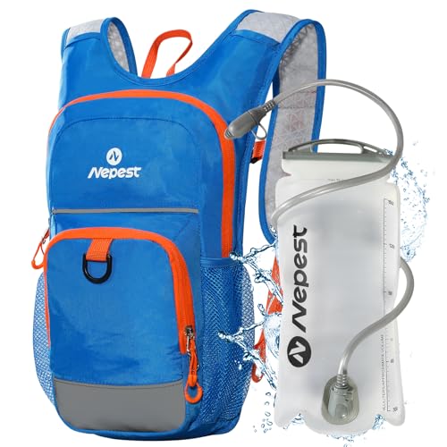 Nepest Kids Hydration Backpack, Mini Water Backpack with 1.5L Water Bladder for Hiking Cycling Running - color: Blue