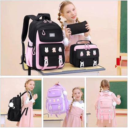 DIGOBAY 3PCS Girls Backpack for School, Kids Backpack for Girls with Lunch Box Pencil Case Set for Teen Girl Elementary Primary Middle High College School Bookbag with Cute Pins (Black-Pink) - color: Black-pink