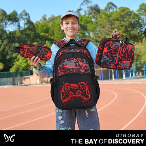 DIGOBAY Boys Backpack for School, Luminous Gamer Backpack with Lunch Box - color: Red