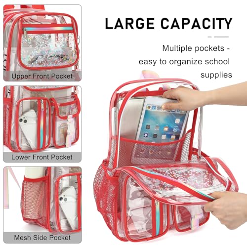 Clear Backpack for Girls Women, School Bookbag Heavy Duty See Through Backpacks (Red) - color: Red