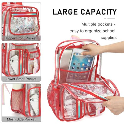 Clear Backpack for Girls Women, School Bookbag Heavy Duty See Through Backpacks (Red) - color: Red