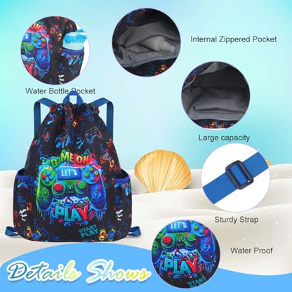 RHCPFOVR Drawstring Backpack for Kids - Game Bags for Girls Gym Dance Beach Swim Travel Bag With Two Water Bottle Holder - color: Dinosaur