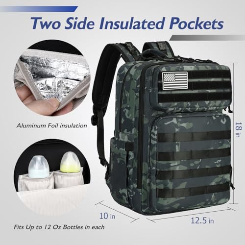 LORADI Large Dad Diaper Bag Backpack, Tactical Style, Camouflage | Stroller Clips, Luggage Sleeve for Travel, Insulated Pockets - color: Camo Black