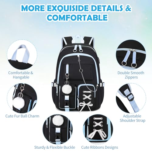 Backpacks for Girls, Girls Backpack with Lunch Box and Pencil Case for Teen Kids Elementary Middle High School College Student, Children Backpack Bookbag with USB Charging Port (Black Blue with Chain) - color: Black & Blue With Chain