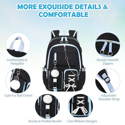 Backpacks for Girls, Girls Backpack with Lunch Box and Pencil Case for Teen Kids Elementary Middle High School College Student, Children Backpack Bookbag with USB Charging Port (Black Blue with Chain) - color: Black & Blue With Chain