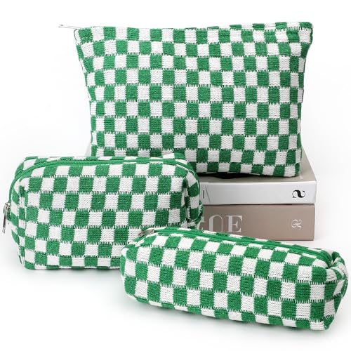 3 Pcs Makeup Bag Cosmetic Bag Set for Girls Women Checkered Travel Organizer Bathroom Toiletry Pouch Large Capacity Storage Bag(Green-White) - color: Green-White