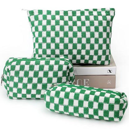 3 Pcs Makeup Bag Cosmetic Bag Set for Girls Women Checkered Travel Organizer Bathroom Toiletry Pouch Large Capacity Storage Bag(Green-White) - color: Green-White