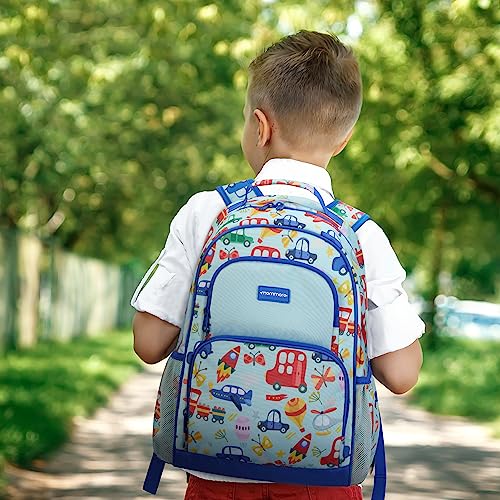 mommore Kids Backpack for Boys Girls 4-8 Kindergarten Elementary School Backpack with Lunch Box - 15” H Fit Folder - color: Light Blue-car, style: 3 Pcs