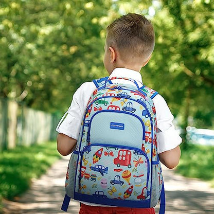 mommore Kids Backpack for Boys Girls 4-8 Kindergarten Elementary School Backpack with Lunch Box - 15” H Fit Folder - color: Light Blue-car, style: 3 Pcs