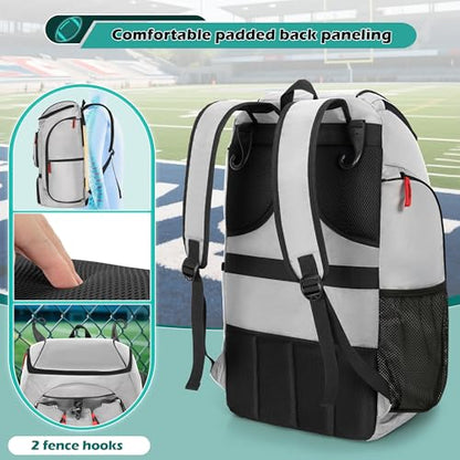 Smasrob Football Bag for Equipment with External Ball Holder, Insulated Pocket and Fence Hooks, Football Backpack for Youth and Adult - color: Grey