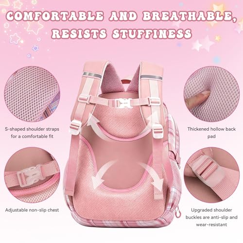 Kids Backpack for Girls,Cute Plaid Backpack,Preppy Bookbag for Elementary & Middle School Students,Large Capacity School Bag,17 Inch,Pink - color: Pink