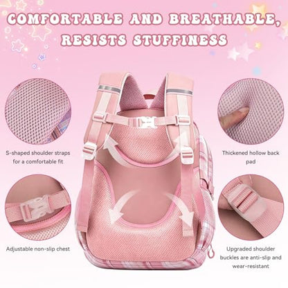 Kids Backpack for Girls,Cute Plaid Backpack,Preppy Bookbag for Elementary & Middle School Students,Large Capacity School Bag,17 Inch,Pink - color: Pink