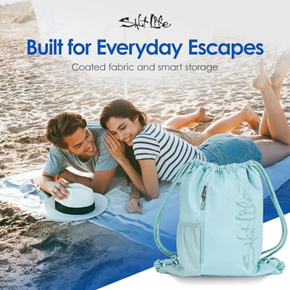 Salt Life Drawstring Backpack for Men and Women - Small Draw String Cinch Gym Bag with Water Bottle Pocket and Zipper Pocket - color: Retro Blue
