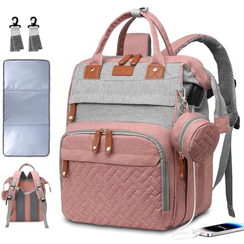 SHITIESHOU Diaper Bag Backpack Baby Bag for Mom Dad with Changing Pad, 19 Pockets, Large Waterproof Travel Baby Girl Boy Toddle Diaper Bag with Insulated Pocket, Baby Shower Gifts, Pink Grey - color: Pink Grey
