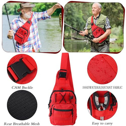Sosation 482 Pcs Fishing Sling Tackle Bag Set Fish Tackle Box Backpack Storage Fishing Gear and Equipment Included Fish Hook Remover Tool Lures Lip Gripper, Gift for Men - color: Red