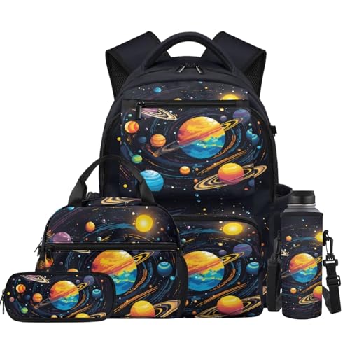 Galaxy Planet Backpack for Boys 8-12 Kids School Backpack with Lunch Box Pencil Case and Water Bottle Pouch 4 in 1 Boys Bookbag for Primary Elementary School Bags with Front Pocket - color: Galaxy Planet