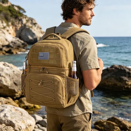 Tactical Double Deck Cooler Backpack for Men, Insulated Cooler Bag with 2 Compartment, 36 Cans Soft Military Insulated Lunch Backpack Waterproof Leakproof for Beach, Camping, Picnic, Hiking - color: Brown