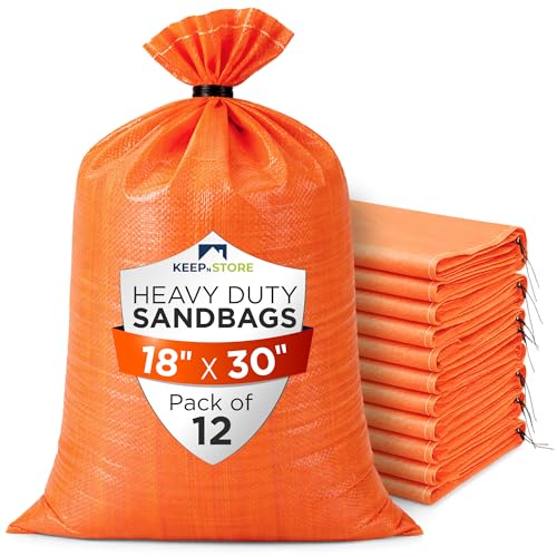 Heavy Duty Sand Bags Pack of 12, Bright Orange Empty Sandbags with Built-In Ties, Woven Polypropylene UV Protection 1600 Hours, Fillable Bags for Flood Control, Weight, 18x30 inches, 75 Pounds Volume - size: 18"W x 30"L, style: Pack of 12